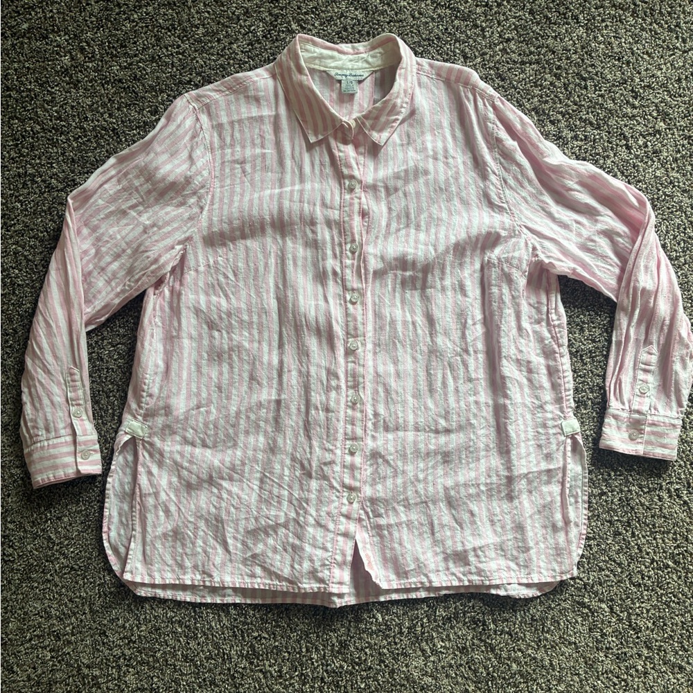 Tommy Bahama 100% Linen Women’s Large Pink & White Striped Button-Up Shirt
